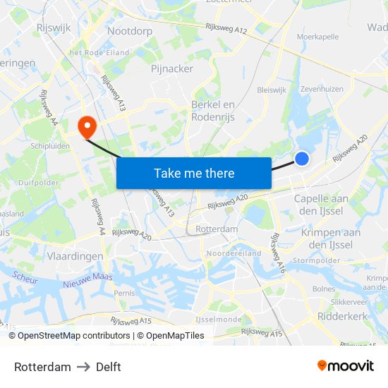 Rotterdam to Delft map