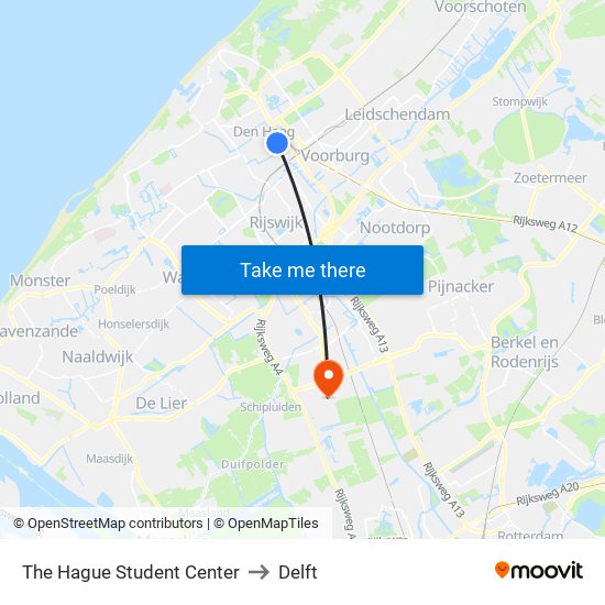 The Hague Student Center to Delft map