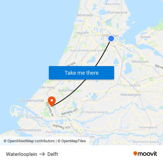 Waterlooplein to Delft map