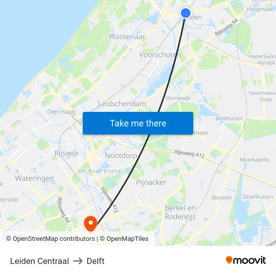 Leiden Centraal to Delft map