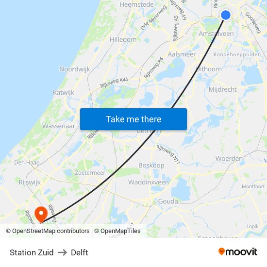 Station Zuid to Delft map