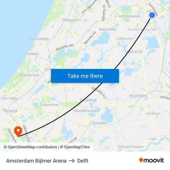 Amsterdam Bijlmer Arena to Delft map