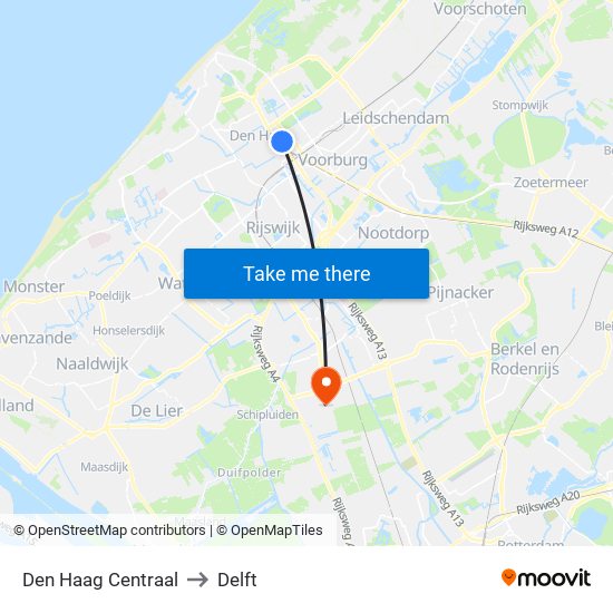 Den Haag Centraal to Delft map