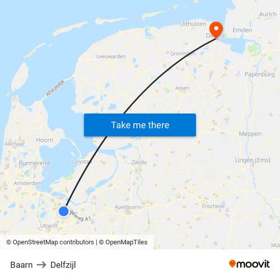 Baarn to Delfzijl map