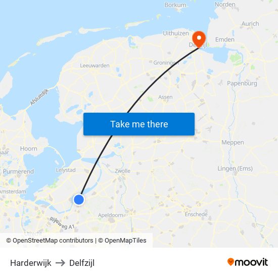 Harderwijk to Delfzijl map