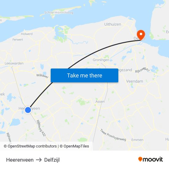 Heerenveen to Delfzijl map