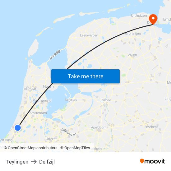 Teylingen to Delfzijl map