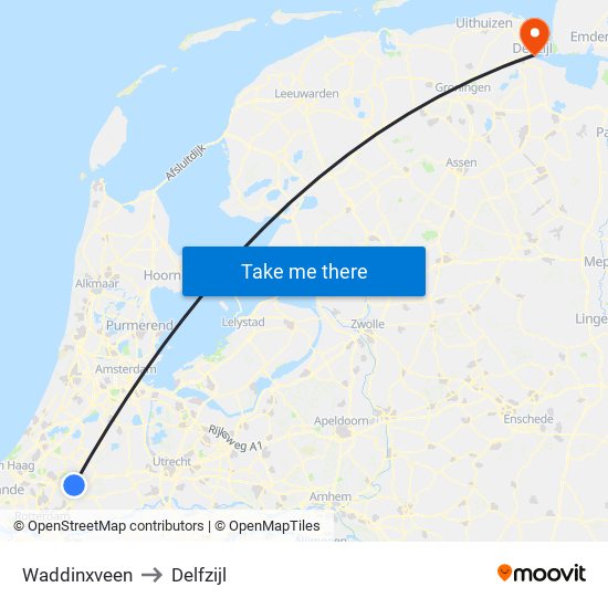 Waddinxveen to Delfzijl map