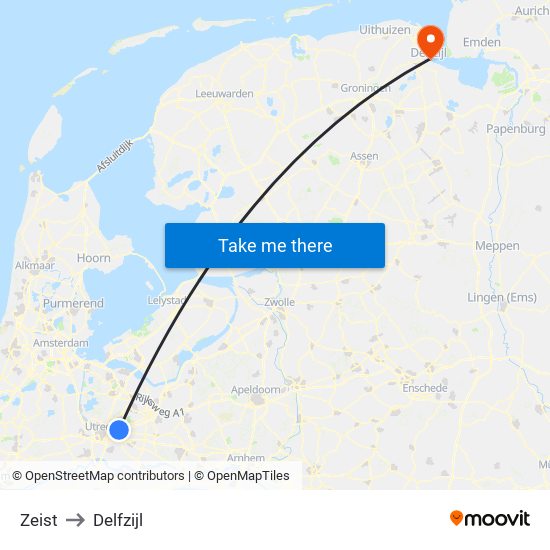 Zeist to Delfzijl map