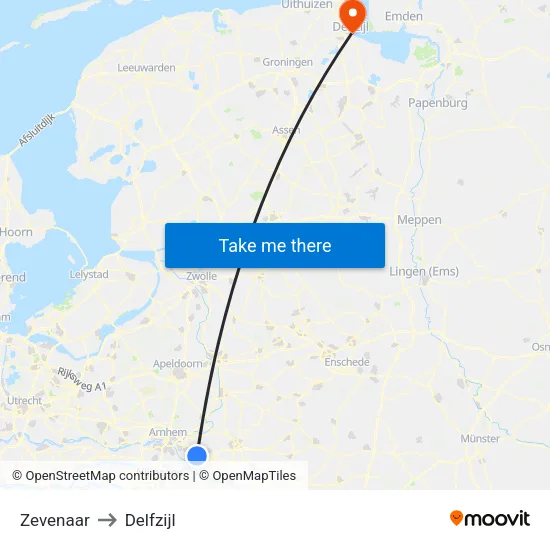 Zevenaar to Delfzijl map