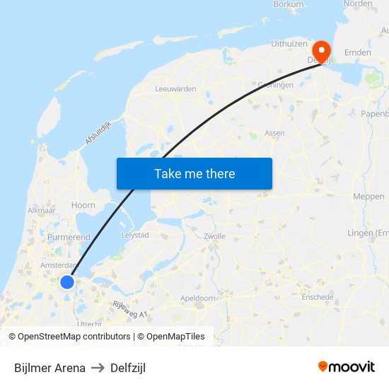 Bijlmer Arena to Delfzijl map