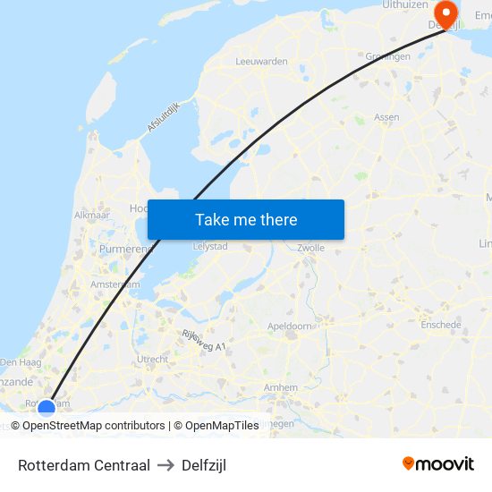 Rotterdam Centraal to Delfzijl map