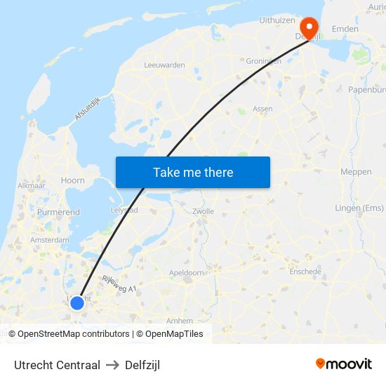 Utrecht Centraal to Delfzijl map