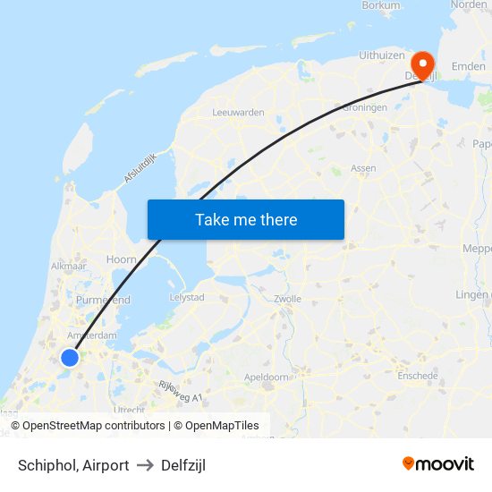 Schiphol, Airport to Delfzijl map