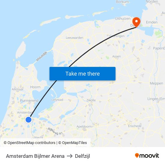 Amsterdam Bijlmer Arena to Delfzijl map