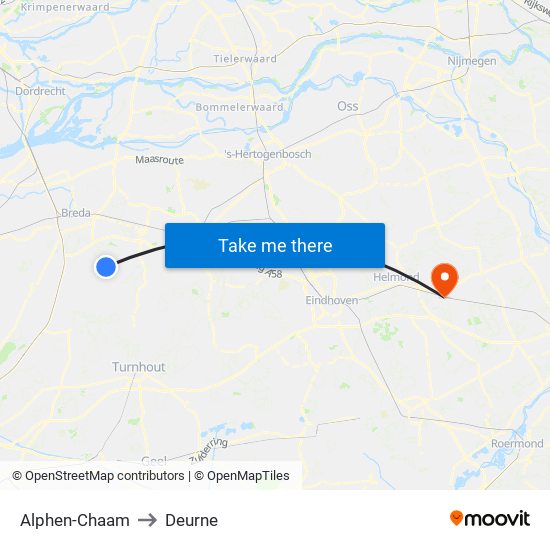 Alphen-Chaam to Deurne map