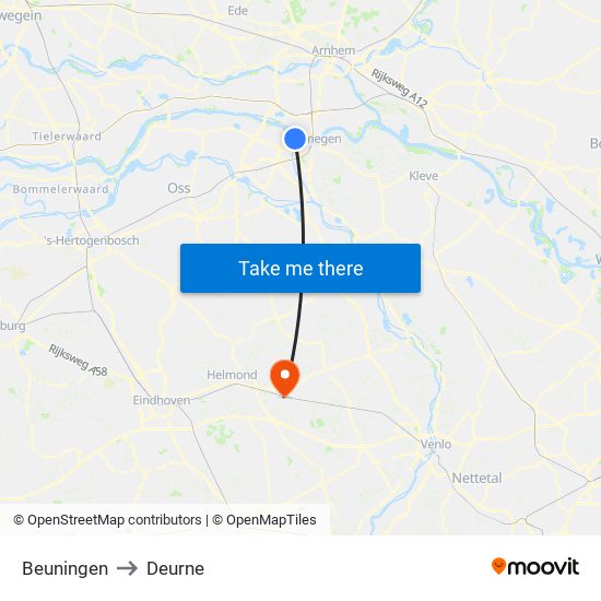 Beuningen to Deurne map