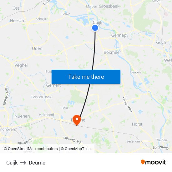 Cuijk to Deurne map