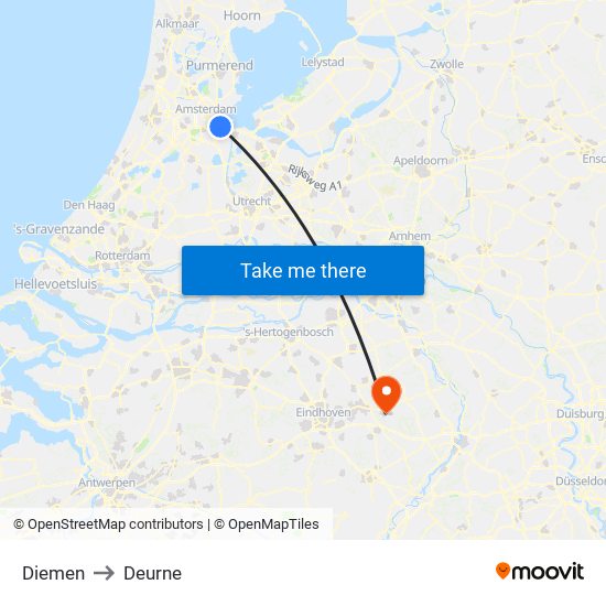 Diemen to Deurne map