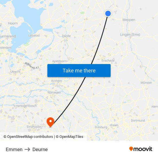 Emmen to Deurne map