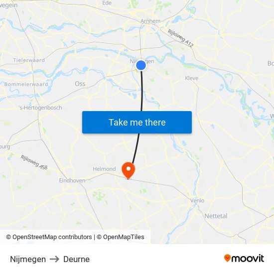 Nijmegen to Deurne map