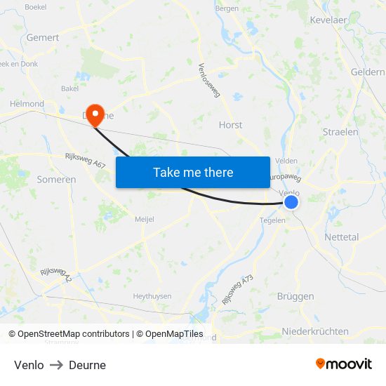 Venlo to Deurne map