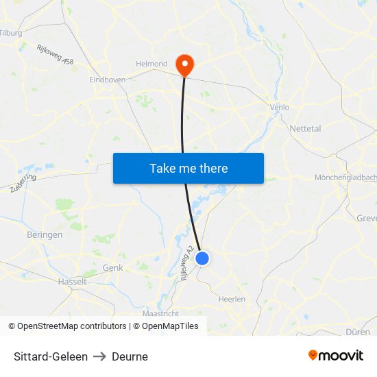 Sittard-Geleen to Deurne map