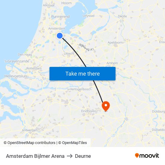 Amsterdam Bijlmer Arena to Deurne map