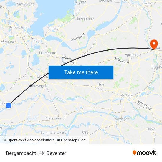 Bergambacht to Deventer map