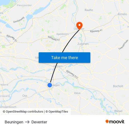 Beuningen to Deventer map