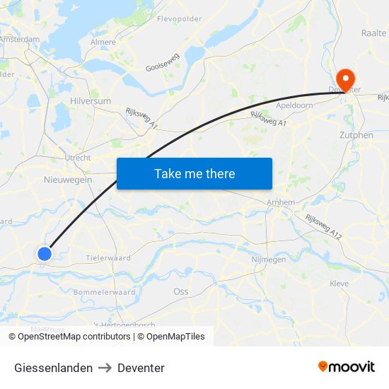 Giessenlanden to Deventer map