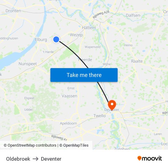 Oldebroek to Deventer map