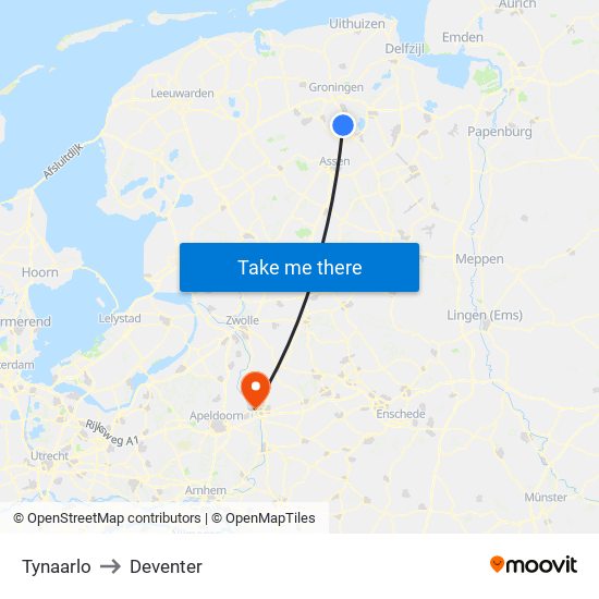 Tynaarlo to Deventer map