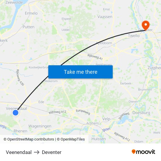 Veenendaal to Deventer map