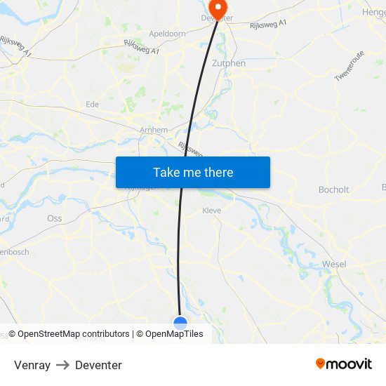 Venray to Deventer map