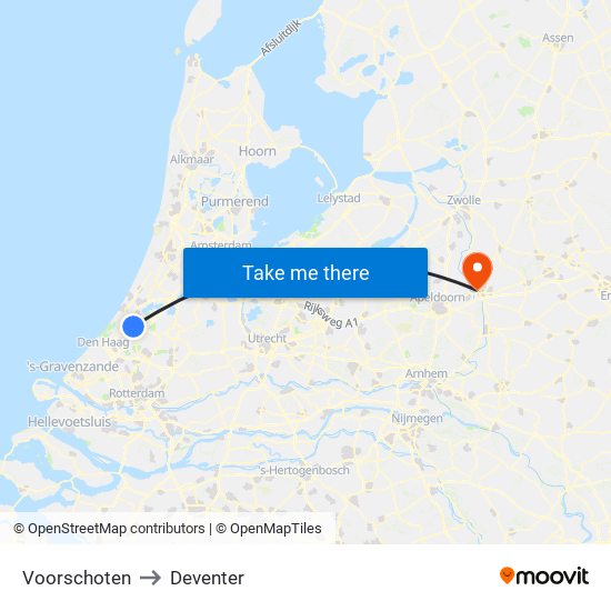 Voorschoten to Deventer map