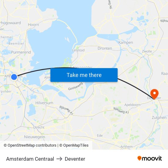 Amsterdam Centraal to Deventer map