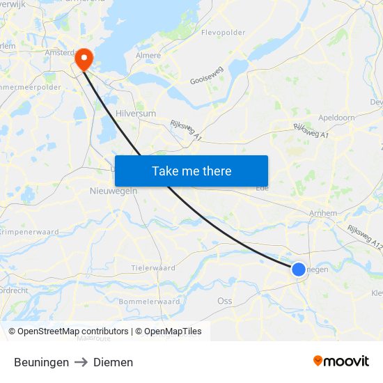 Beuningen to Diemen map