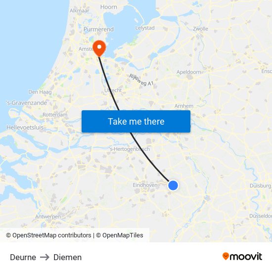 Deurne to Diemen map