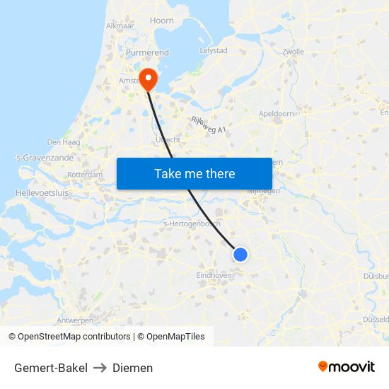 Gemert-Bakel to Diemen map