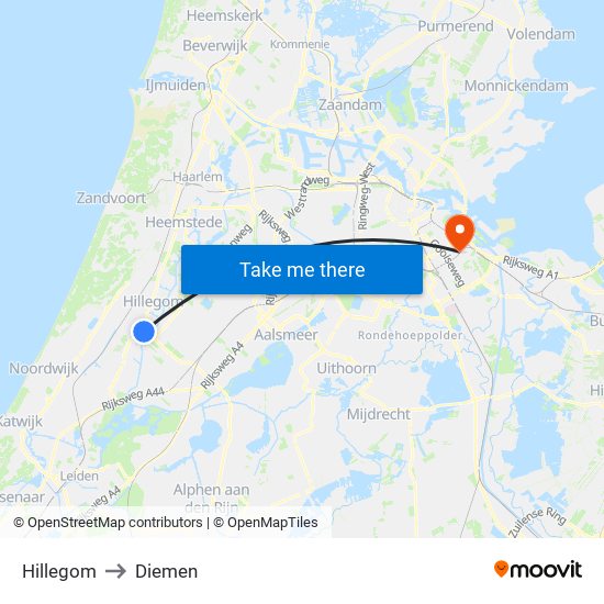 Hillegom to Diemen map