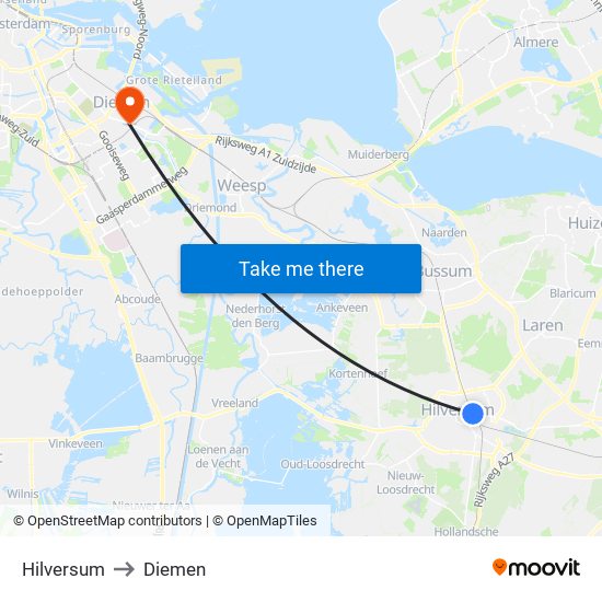 Hilversum to Diemen map