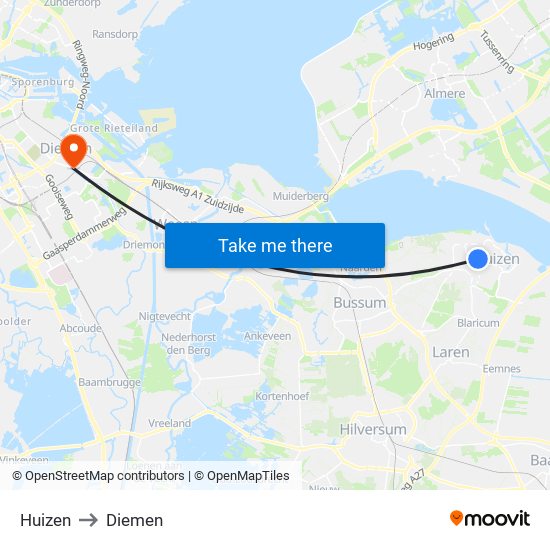 Huizen to Diemen map