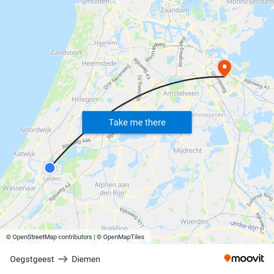 Oegstgeest to Diemen map
