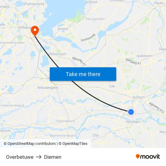 Overbetuwe to Diemen map