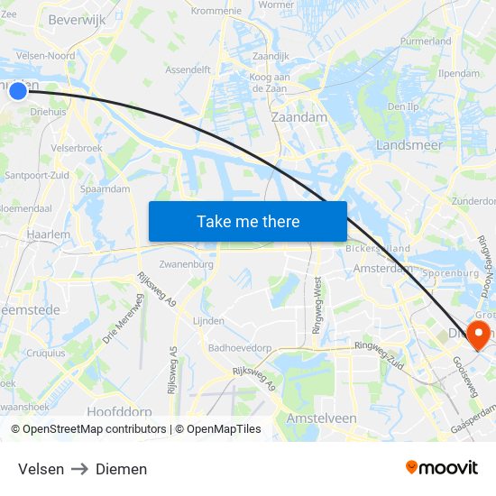 Velsen to Diemen map