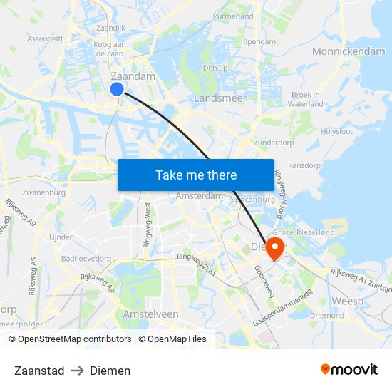 Zaanstad to Diemen map