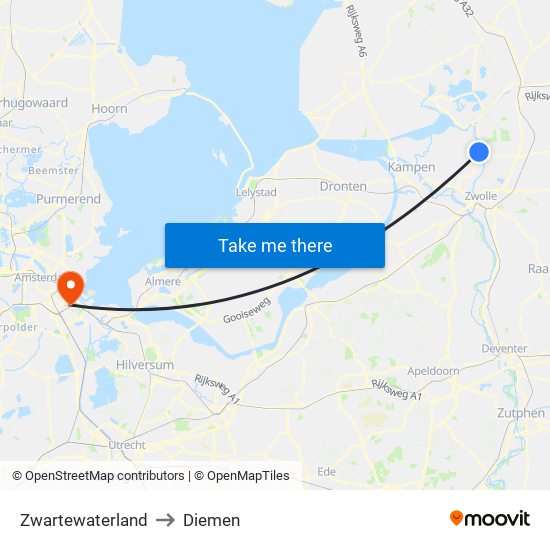 Zwartewaterland to Diemen map