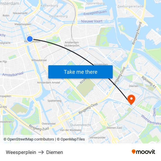 Weesperplein to Diemen map