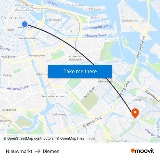 Nieuwmarkt to Diemen map